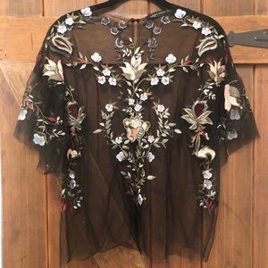 Zara Woman Black Mesh Blouse w/ Flower Embroidery